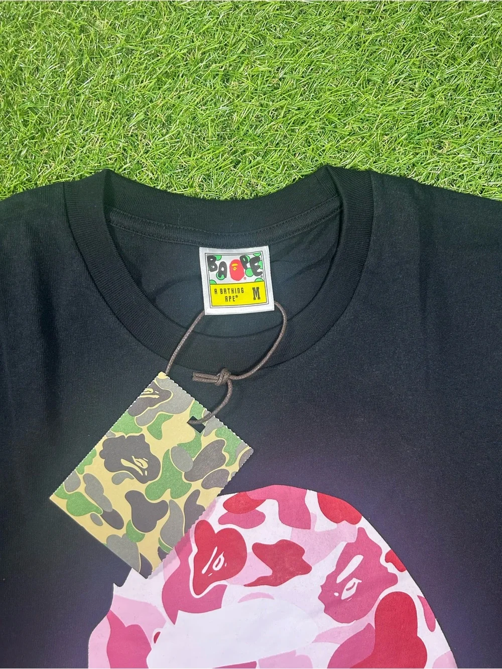 Bape Black Tee with Pink Camo Ape Logo